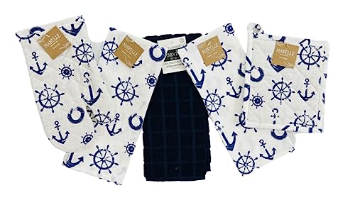 Summer Kitchen Pot Holder Oven Mitt Dish Towel Set: Fun Navy White Nautical Anchor Captains Wheel Design, 5 pc Set (Nautical) - color: Anchor Set