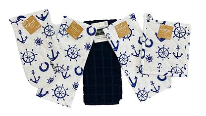 Summer Kitchen Pot Holder Oven Mitt Dish Towel Set: Fun Navy White Nautical Anchor Captains Wheel Design, 5 pc Set (Nautical) - color: Anchor Set