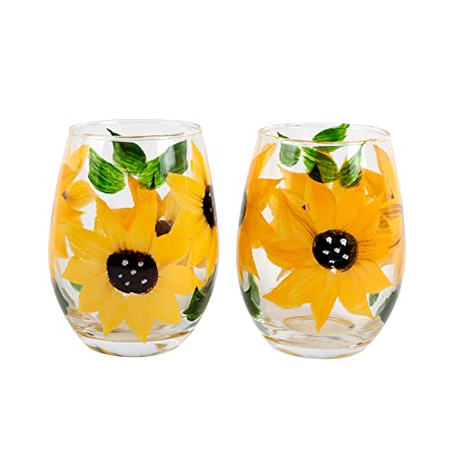 Hand-Painted Sunflower Stemless Wine Glass Set - Rustic Country Farmhouse Decor - Kitchen Gift, Set of 2