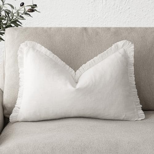 Foindtower Decorative Linen Fringe Lumbar Throw Pillow Covers Cozy Boho Farmhouse Cushion Cover with Tassel Soft Accent Pillowcase for Sofa Bed Living Room Home Decor, 12×20 Inch, 1PC, Cream White - color: Cream White, size: 20" x 12" (Pack of 1)