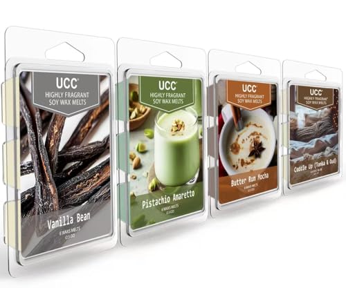UCC Wax Melts, Soy Wax Cubes Strong Scent Long Lasting Premium Scented Mix Melts Tarts-Pistachio Amaretto, Butter Rum Mocha, Cuddle up (Tonka & Oud), Vanilla Bean - 4 Pack - color: Set C