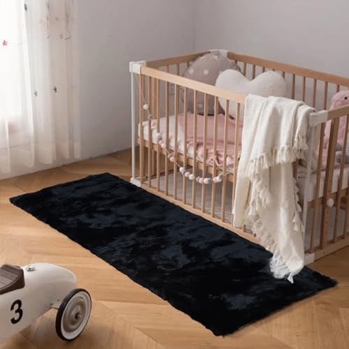 Latepis 2x6 Rug Runner Black Fluffy Area Rug Washable Faux Rabbit Fur Plush Shag Rugs for Bedroom Shaggy Throw Rugs for Nursery Sofa Floor Room Decor - color: Black, size: 2' x 6' (Rectangular)