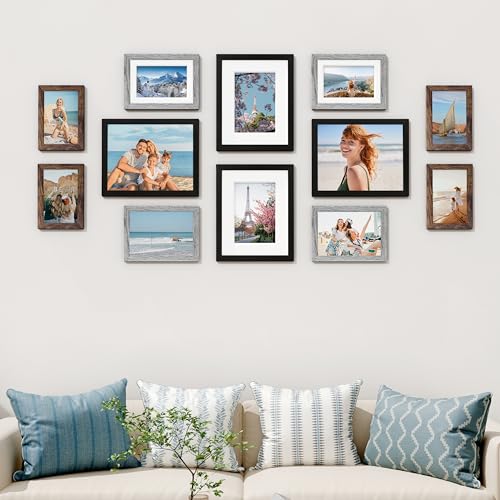 Vittanly 12 Pack Gallery Wall Frame Set, Black, Brown, Grey | Gallery Wall Frame Set: 4pcs 8x10, 4pcs 5x7 & 4pcs 4x6 Photos for Wall & Table, Picture Frames made of Engineered Wood - color: Black & Brown & Grey