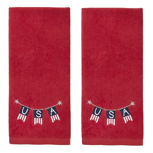 SKL Home USA Banner 100% Cotton Embroidered 2pc Hand Towel Set, Decorative for Bath/Kitchen/Bar & Gift, Red - color: Red, White & Blue