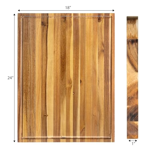 happimess Eldridge Extra Large 24" x 18" Acacia Cutting Board, Natural | Handcrafted, 1 Inch Thick, Reversible Design, Juice Grooves, Authentic Wood Grain, Rectangular, Farmhouse Style - color: Natural, size: 24"L x 18"W