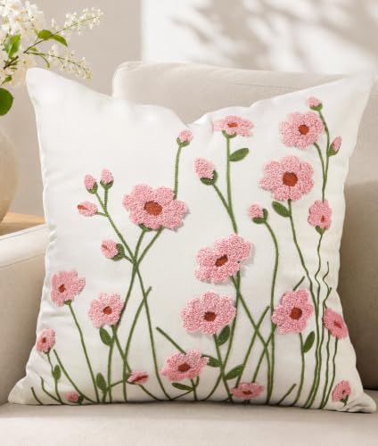 Embroidered Floral Throw Pillow Cover 18x18 Inch, Wild Flower | Decorative Pillow Cover, Cottagecore Floral Cushion Case with Hidden Zipper, Home Decor for Couch, Sofa, Living Room, Bed - color: Wild Flower