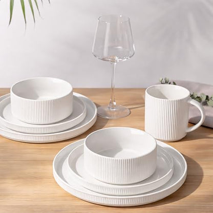 GBHOME Stoneware Dinnerware Sets for 4, 12 Pieces Plates and Bowls Set | Lightweight Ceramic Ribbed Dishes, Reactive Glaze Stackable Plate Set, Scratch Resistant, Microwave & Dishwasher Safe,White - color: White