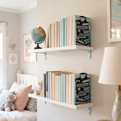 5.3"x4.3"x7.9" Metal Bookends, Heavy Duty Book Ends for Shelves | Book Stacks and Teacup Theme Cast Iron Book Supports, 1 Pair Decor Stoppers for Desk, Library, Office & Home Shelves - style: Book Stacks and Teacup
