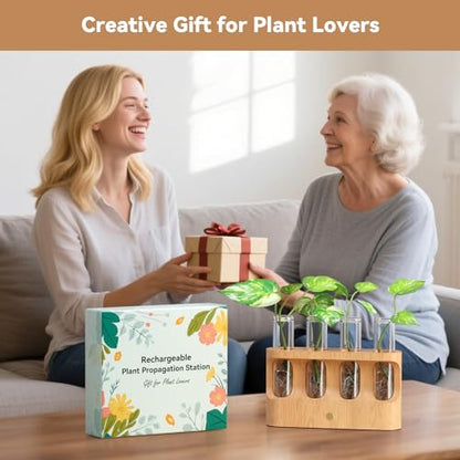 Rechargeable Plant Propagation Station with Stepless Dimming Lights | Wooden Stand, 4 Glass Test Tubes, Home Decor for Hydroponic Plants, Unique Gifts for Women & Plant Lovers