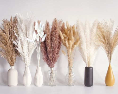 Bannifll 125 PCS Dried Pampas Grass Bouquet, Boho Table Decor, Bunny Tails Dried Flowers, Brown Pampas, White Pampas Grass for Weddings, Home Decor, Rustic Parties, and Baby Shower Decorations - color: 125pcs Pampas Grass