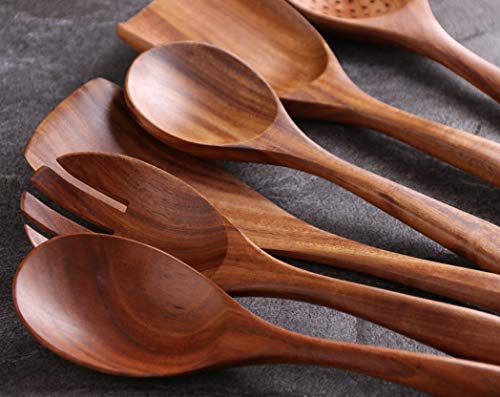 Kitchen Utensils Set, NAYAHOSE Wooden spoons for Cooking Non-stick Pan Kitchen Tool Wooden Cooking Spoons and Wooden utensil storage wooden barrel - size: 7Pcs Set