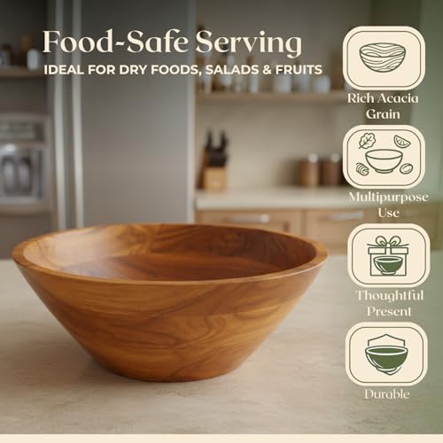 Aurah Salad Bowl, 3.8 Qt Acacia Wood Mixing & Serving Bowl, Medium Size | Kitchen & Outdoor Dining Wooden Bowls for Salad, Pasta and Fruits, 9.7" Diameter x 4.2" Height - size: Medium