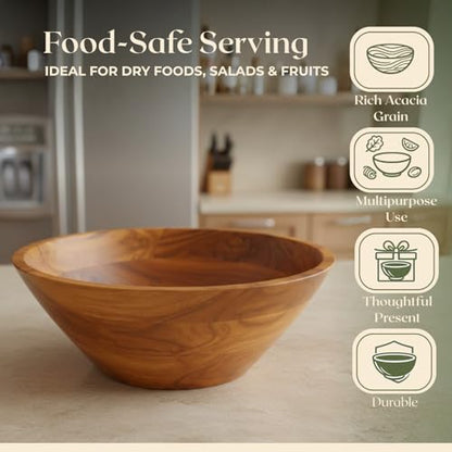 Aurah Salad Bowl, 3.8 Qt Acacia Wood Mixing & Serving Bowl, Medium Size | Kitchen & Outdoor Dining Wooden Bowls for Salad, Pasta and Fruits, 9.7" Diameter x 4.2" Height - size: Medium