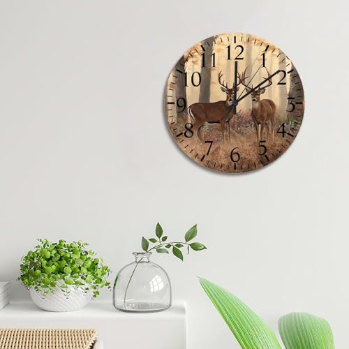 Deer Buck Wall Clock Jungle Deer 15 Inch Large Wall Clocks Battery Operated Silent Modern Boho Retirement Living Room Decor Gift for Man Woman Friend Anniversary