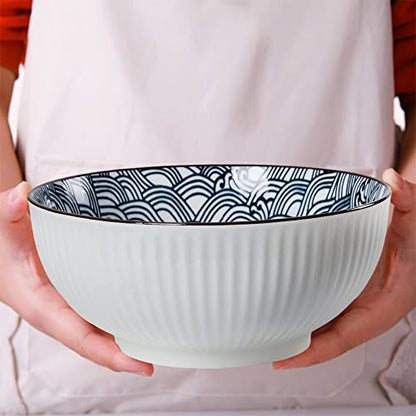 Houlu 60 oz Pho Bowls, Large Soup Bowl, Japanese Ramen Bowl Set, 8 inches Big Porcelain Bowls Set of 3, Wave Pattern - color: Wave Pattern