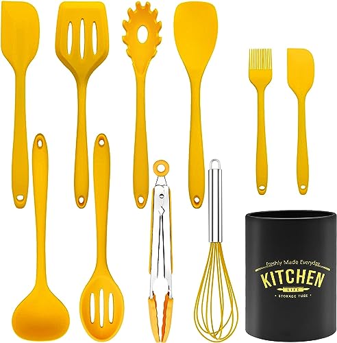 11 Piece Cooking Kitchen Utensils Set, Yellow Cooking Utensils Set, Non-Stick Silicone Spatula Set with Iron Utensils Holder, Silicone Kitchen Gadgets Utensil Set (Yellow)