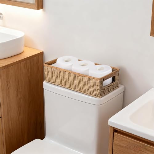 Waterproof Rectangular Toilet Paper Baskets, 16 ¼"L x 6 ¾"W x 4 ½"H Nesting Plastic Wicker Basket, Woven Long Narrow Baskets for Pantry Bathroom Toilet Tank Top Countertop, 2 Pack