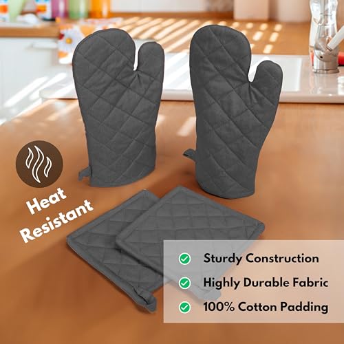 Native Fab Farmhouse Oven Mitts and Pot Holders Set of 4, Heat Resistant Non-Slip Machine Washable, 100% Cotton Kitchen Pot Holders Oven Mitts Sets Grey - color: Gray