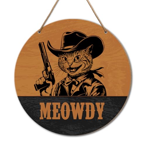Funny Western Cat Meowdy Welcome Wall Decor Wood Hanging Door Sign for Front Door, Housewarming Cat Lover Gifts for Men Women Cowboy Cowgirl - color: P