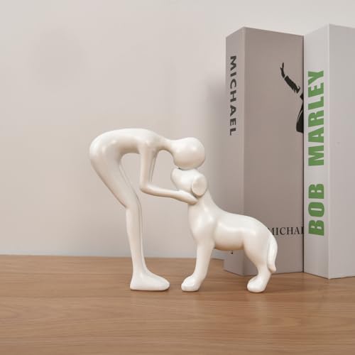 Abstract Person and Dog Sculpture Head-to-Head Figurine White | abstract sculpture celebrating the bond between person and pet. Intimate head-to-head Touching memory keepsake for dog lovers - color: White