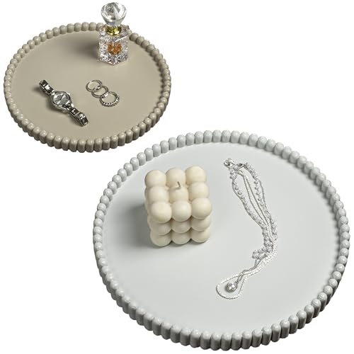 happimess Opulence Concrete Jewelry Trays 10.2", Pale Blue/Stone, Set of 2 | Modern Minimalist Fluted Decorative Storage Display, Round Beaded Edges for Added Texture - color: Pale Blue/Stone