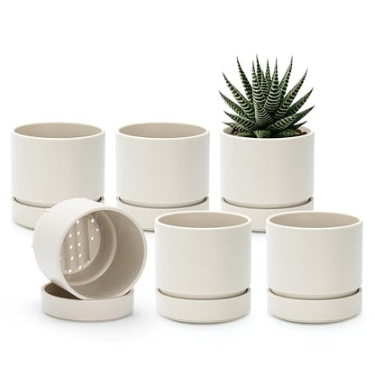 Phoenix Vine 4 Inch Planter Pot with Drainage Hole & Saucer, Deep Water Catch Tray, Straight Cylindrical Round Pot for Plants, Oatmeal, Pack of 6, 23-E-R-6 - color: Oatmeal, size: 4" (6 Pack)