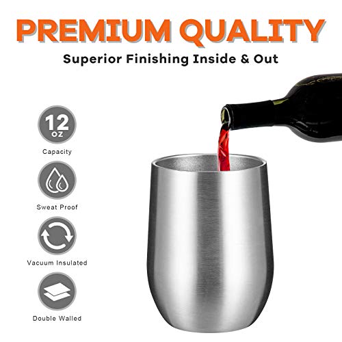 COMOOO 12oz Insulated Wine tumbler with Lid, Stainless Steel Stemless Wine Tumbler Glass,Double Wall Vacuum Wine Tumbler Cups with Straw Coffee, Cocktails,Beer,Champaign Silver, 8 Pack - color: Silver