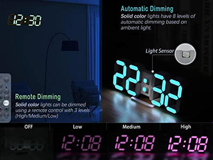 Wall Clock Neon Digital Clock 3D LED Desk Clock Large Display 9.7" RGB Clock Alarm Clock for Bedroom Living Room,Remote,Brightness Dimming, Date,Temp - color: 9.7in Clock-neon Light