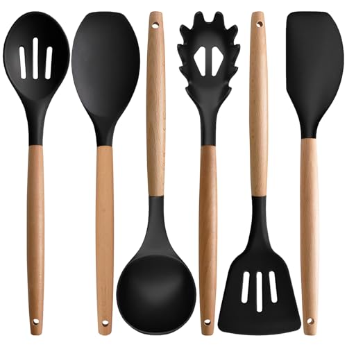 Silicone Kitchen Utensils Set of 6, Cooking Utensils Set with Heat Resistant Wooden Handle, Nonstick Silicone Spatula Spoon Turner Ladle, Cooking Kitchen Gadget for Cookware & Baking BPA FREE - color: Black, size: Standard 6-Piece Set
