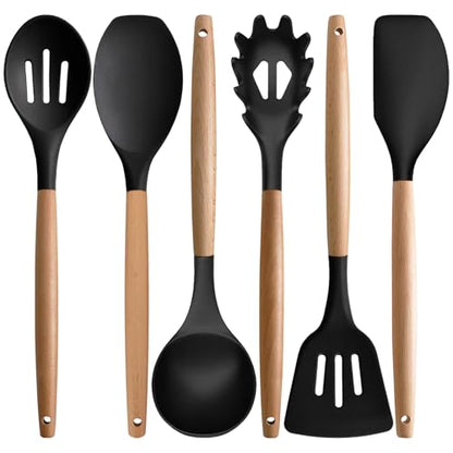 Silicone Kitchen Utensils Set of 6, Cooking Utensils Set with Heat Resistant Wooden Handle, Nonstick Silicone Spatula Spoon Turner Ladle, Cooking Kitchen Gadget for Cookware & Baking BPA FREE - color: Black, size: Standard 6-Piece Set