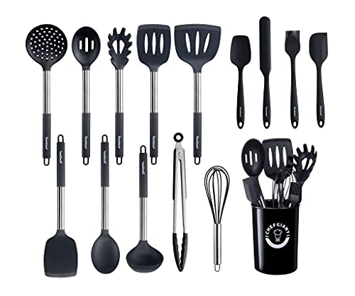 Chef Giant Silicone Kitchen Utensil Set | 15-Piece Stainless Steel Cooking Tool Kit with Holder, Spatula, Ladle, Pasta Server, Tongs, Whisk & More | Heat Resistant, BPA Free, Dishwasher Safe | Black - color: Black