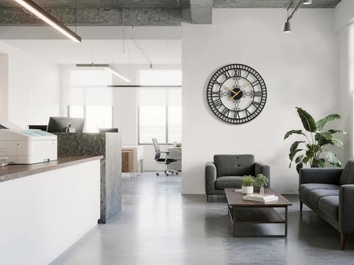 30" Large Wall Clock Decorative for Living Room, Black Metal Roman Numeral Big Clock Completely Silent, Oversized Wall Clocks Battery Operated for Kitchen, Bedroom, Fireplace - size: 30 inch