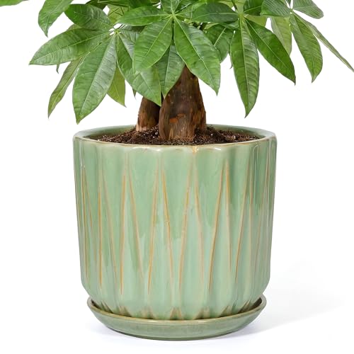 10 Inch Ceramic Planter Pot with Saucer Drainage Leak-Proof Mesh,Flower Pots for Indoor Plants with Gardening Gloves,Ceramic Planter(Light Green) - color: Light Green, size: 10 Inch