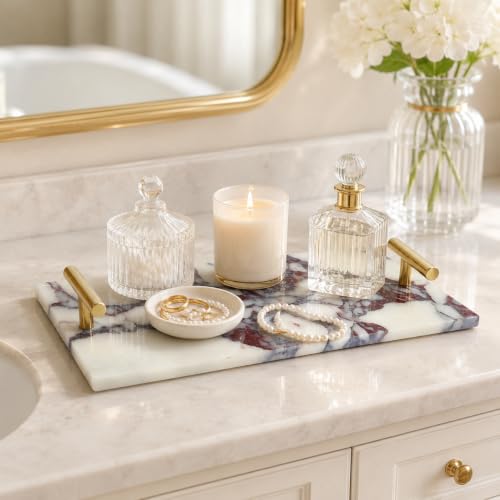 Calacatta Viola Marble Bathroom Tray with Gold Handles, Natural Stone Vanity Organizer for Towels and Essentials (with Handle 30x15cm) - color: With Handle 30x15cm