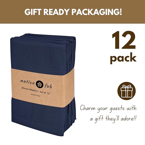Native Fab Cloth Napkins Set of 12, Hemstitched Edges 100% Cotton, Washable Dinner Napkins 18x18 inch, Soft & Comfortable Reusable Table Napkins - Navy Blue - color: Navy Blue, size: 18" x 18" (Set of 12)