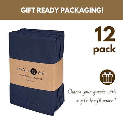 Native Fab Cloth Napkins Set of 12, Hemstitched Edges 100% Cotton, Washable Dinner Napkins 18x18 inch, Soft & Comfortable Reusable Table Napkins - Navy Blue - color: Navy Blue, size: 18" x 18" (Set of 12)