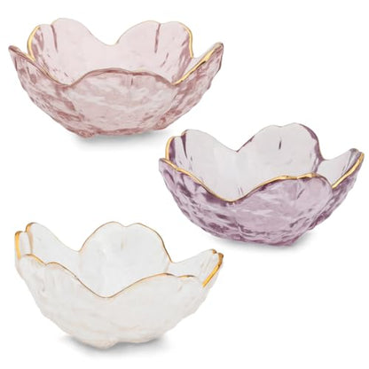 Huakaile 3 Pieces Flower Shape Glass Jewelry Plate Dish, Trinket Bowl for Rings Earrings, Decorative Small Jewelry Tray Dish Present for Wife Women Daughter (Pink Purple Transparent)