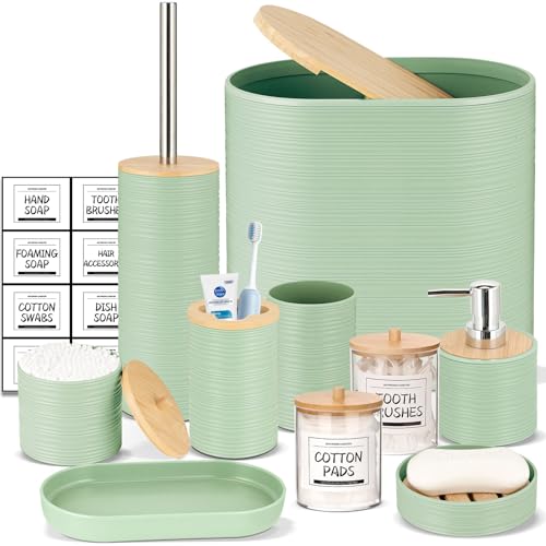 IMAVO Bathroom Accessory Set-11Pcs Green Bathroom Accessories Set with Trash Can,Soap Dispenser,Soap Dish,Toothbrush Holder,Toothbrush Cup,Toilet Brush Holder,Qtip Holder Dispenser with Labels - color: Green, size: 11 PCS Bathroom Set