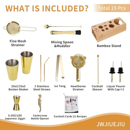 Cocktail Shaker Set Bartender Kit with Bamboo Stand, 15-Piece Stainless Steel Bar Set Accessories, Professional Bartending Kit Home Bar Tools Set with Recipes (Gold, Natural Wood Stand) - color: Gold, size: Wood Stand