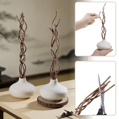 AHANDMAKER 2Pcs White Ceramic Vase Pottery Decorative Flower Vases with 15Pcs Brown Wavy Rattan Reed Diffuser Sticks Small Pottery Vases for Bouquet Pampas Dried Fresh Flowers Bookshelf Church Altars