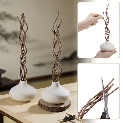 AHANDMAKER 2Pcs White Ceramic Vase Pottery Decorative Flower Vases with 15Pcs Brown Wavy Rattan Reed Diffuser Sticks Small Pottery Vases for Bouquet Pampas Dried Fresh Flowers Bookshelf Church Altars