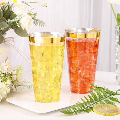 I00000 16 oz Gold Plastic Cups, 50 Pack Clear Plastic Cups with Gold Trim | Premium Gold Rimmed Disposable Cup, Heavy-duty, BPA-Free, Everyday Use, Disposable Cup Perfect for Birthday, Wedding & Party - color: 16-Gold-50