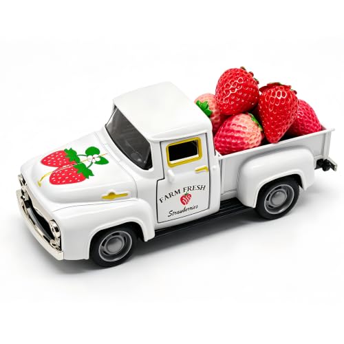 Strawberry Farmhouse Truck Decor Filled with Fake Strawberries | Summer Strawberry Home Kitchen & Tiered Tray Decor Strawberry Shortcake Birthday Decorations Vintage Truck Table Centerpiece - color: Strawberry-white