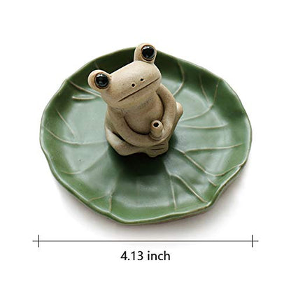 NAGU 100% Handmade Ceramic Stick Incense Burner Holder,Small Frog Incense,Lotus Leaf Tray,Mini Cute Animal Statue Home Incense Burner