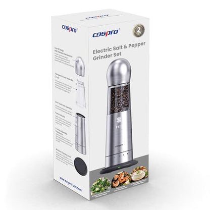 COSPRO Electric Grinder with Qi-Wireless Charging Base | Kitchen Gift | Rechargeable Automatic Spice Mill | Stainless Steel | One Hand Button Use | Adjustable Coarseness | Easy Clean - size: Set of 1