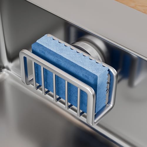 TAILI Silver Sponge Holder for Kitchen Sink with Strong Suction Cup | Removable Sink Caddy for Kitchen Sink Oganizer, Rustproof Aluminum Sink Sponge Holder for Scraper Brushes, Stoppers - color: Silver, size: 5.1" x 2.3"