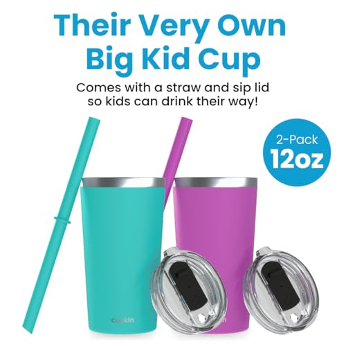 CUPKIN Toddler Tumblers, The Original 12 oz Stackable Stainless Steel Cups, Set of 2 Powder Coated Insulated Kids Water Bottle Alternative + BPA Free Lids + Reusable Silicone Straws (Green + Pink) - color: Green + Pink, size: 12 Fl Oz (Pack of 2)