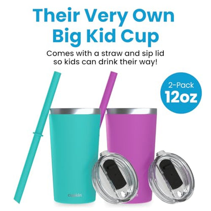 CUPKIN Toddler Tumblers, The Original 12 oz Stackable Stainless Steel Cups, Set of 2 Powder Coated Insulated Kids Water Bottle Alternative + BPA Free Lids + Reusable Silicone Straws (Green + Pink) - color: Green + Pink, size: 12 Fl Oz (Pack of 2)