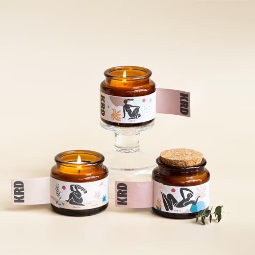 KRD Scented Candles Gift Set for Women, 120H Glass Jars Soy Wax, 6x2.6oz | 6 unique scents with 15% strong essential oil load. 6x2.6oz amber elegant glass jars. Perfect spa bath gift set for women
