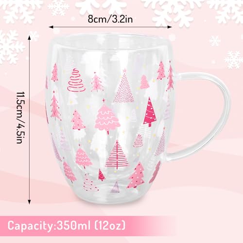 JarThenaAMCS Christmas Double Wall Glass Coffee Mugs 12oz Cute Pink Xmas Tree Insulated Glasses Clear Espresso Cups with Handle for Home Holiday Supplies, Set of 2 - style: Pink Xmas Tree